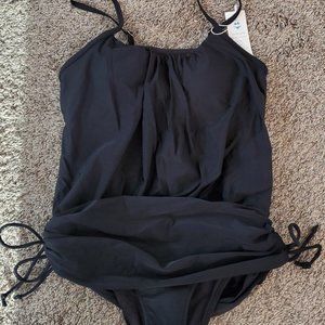 Size Medium One piece Tummy Control black bathing suit with draw strings